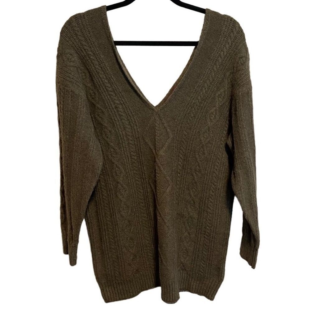 Kerisma- Deep V-Neck Moss Green Oversized Cable Knit Pullover Sweater, Size S/M